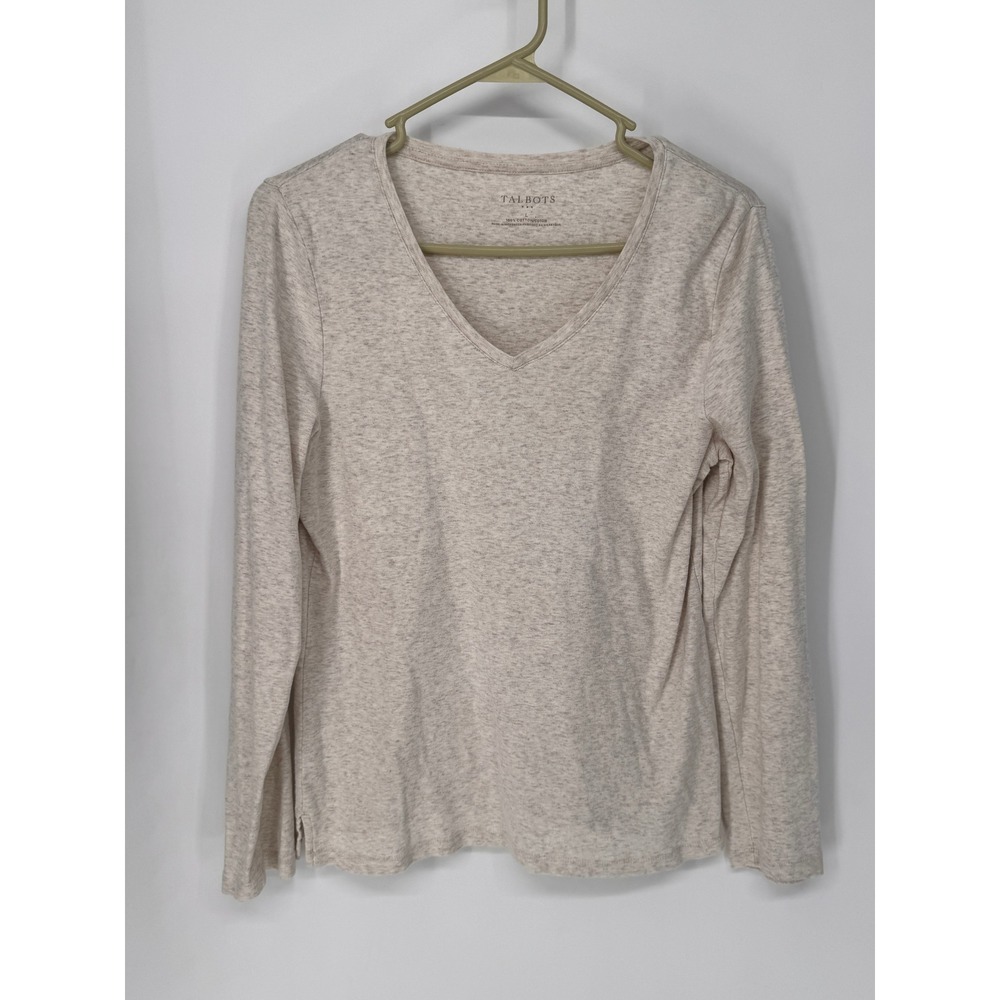 Talbots V-Neck Top Womens L Oatmeal Heather Long Sleeve Cotton Knit Tee